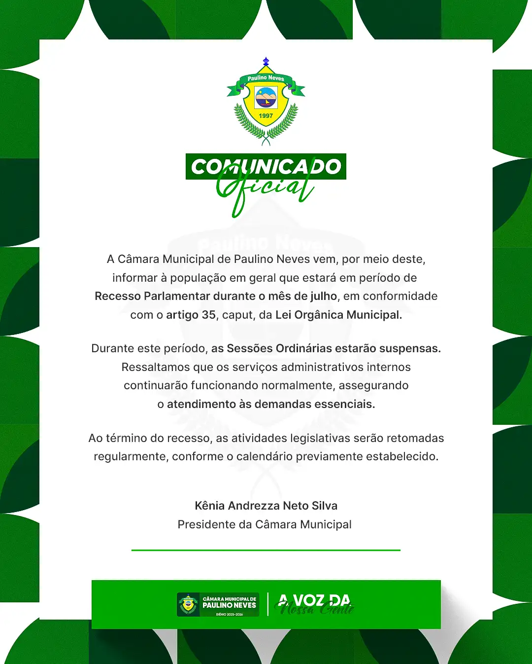 Câmara Municipal entra em Recesso Parlamentar durante todo o mês de julho.