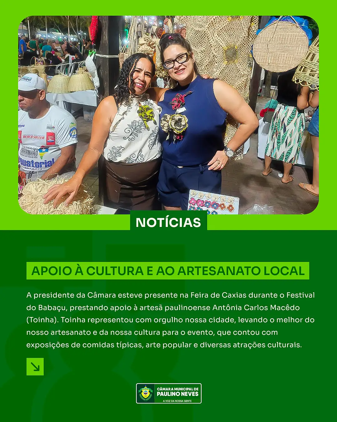 Presidente da Câmara prestigia artesã paulinoense durante Festival do Babaçu em Caxias